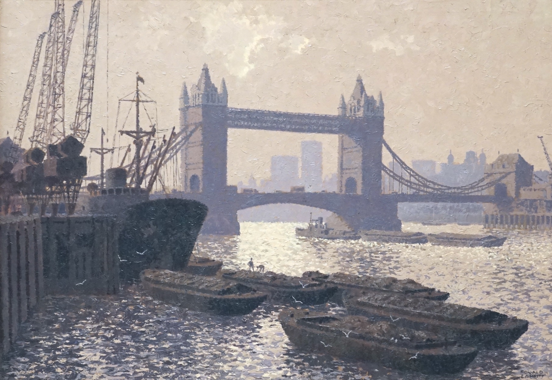 Ronald Lampitt (1906-1988), Impressionist oil on board, Thames riverscape, Tower Bridge, signed, 48 x 68cm